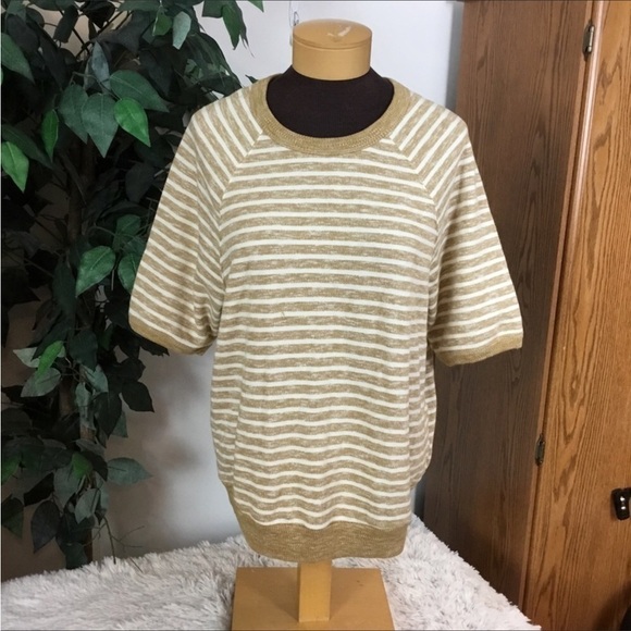 Universal thread pullover Woman’s XL tan white stripe short sleeve casu… - Picture 1 of 12